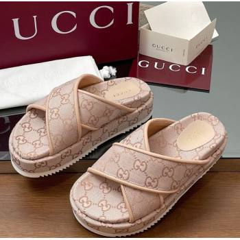 Gucci Original GG Canvas Platform Slides Sandal with Cross Strap Light Pink 2025 816798 (MD-250423084)