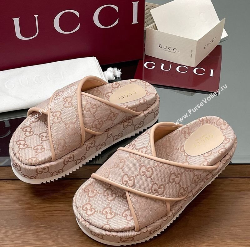 Gucci Original GG Canvas Platform Slides Sandal with Cross Strap Light Pink 2025 816798 (MD-250423084)