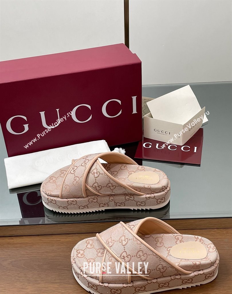 Gucci Original GG Canvas Platform Slides Sandal with Cross Strap Light Pink 2025 816798 (MD-250423084)