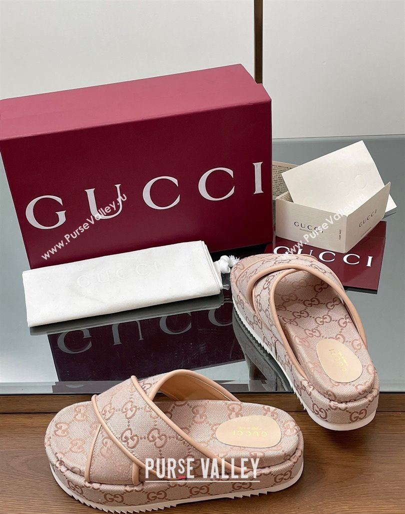 Gucci Original GG Canvas Platform Slides Sandal with Cross Strap Light Pink 2025 816798 (MD-250423084)