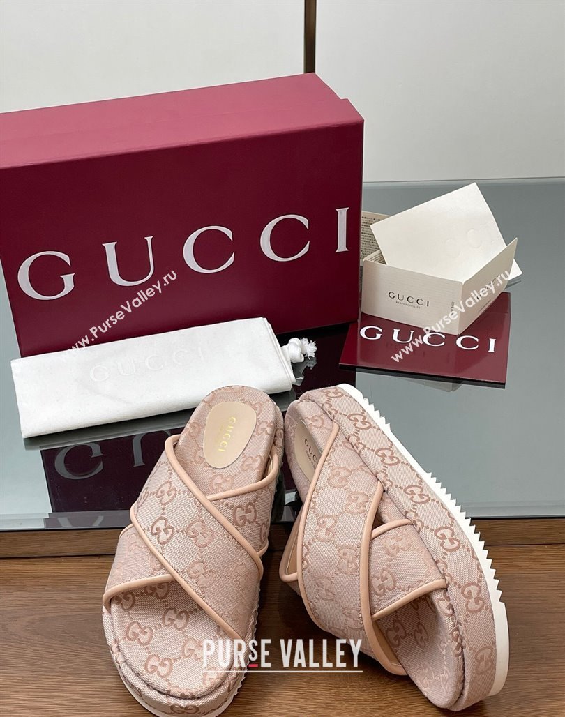 Gucci Original GG Canvas Platform Slides Sandal with Cross Strap Light Pink 2025 816798 (MD-250423084)