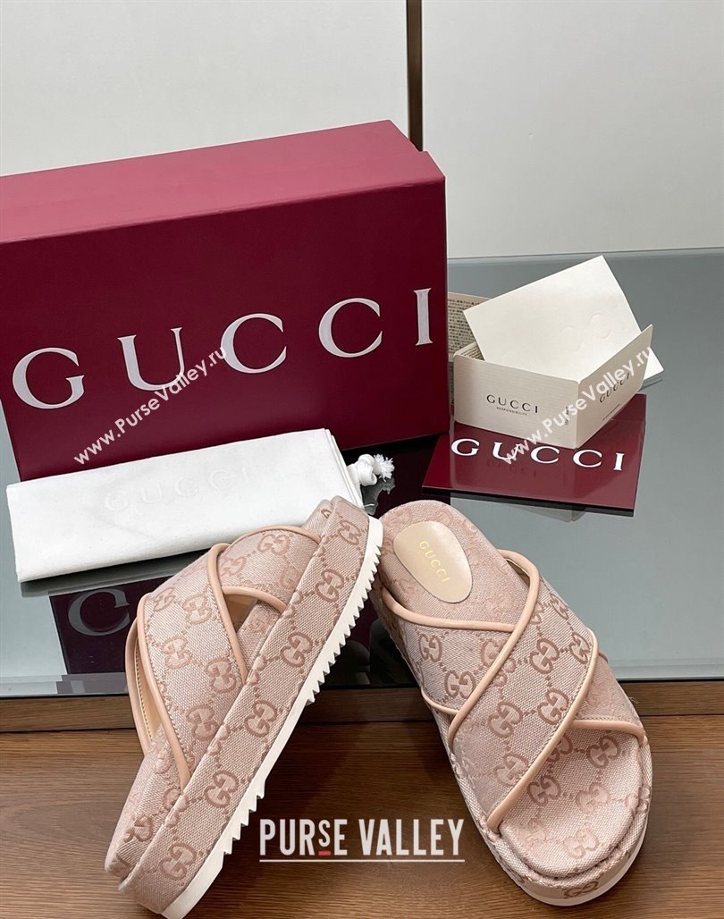 Gucci Original GG Canvas Platform Slides Sandal with Cross Strap Light Pink 2025 816798 (MD-250423084)