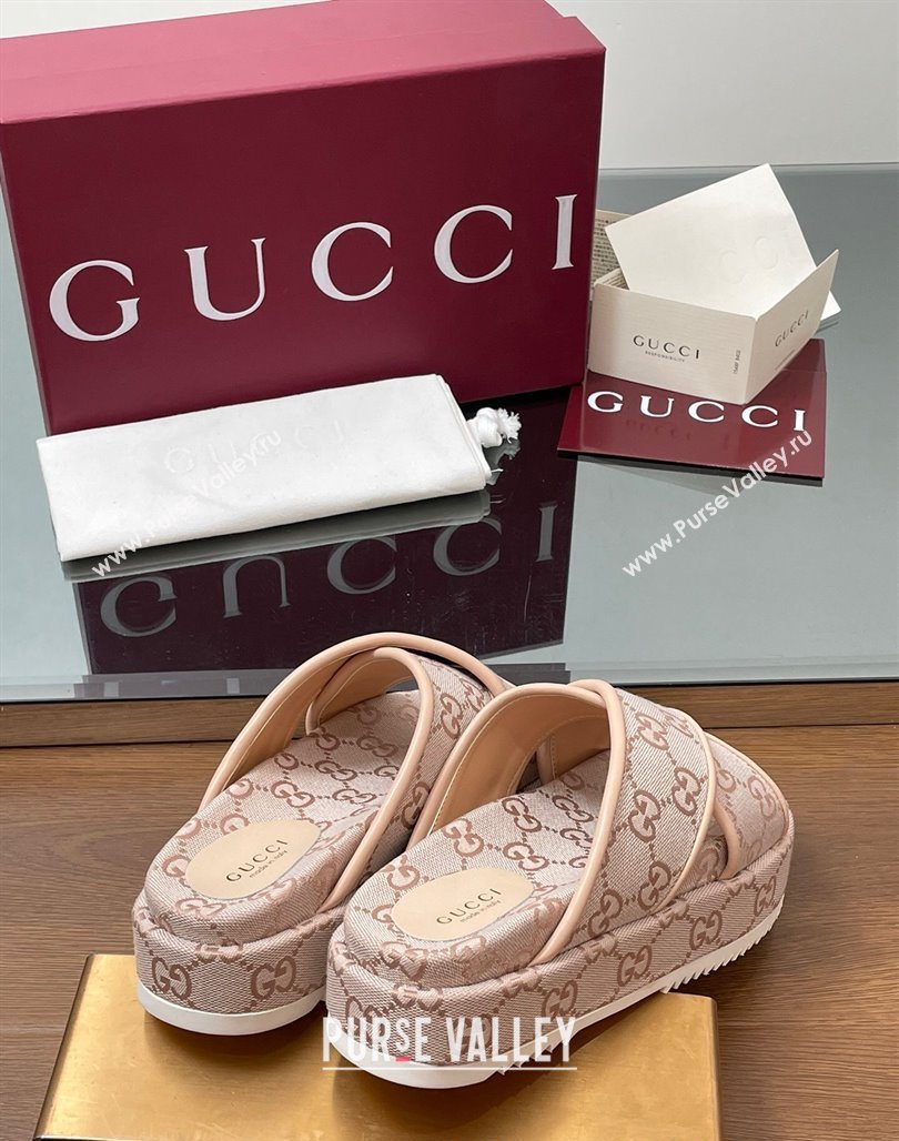 Gucci Original GG Canvas Platform Slides Sandal with Cross Strap Light Pink 2025 816798 (MD-250423084)