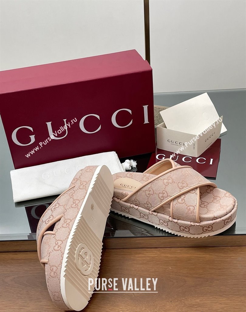 Gucci Original GG Canvas Platform Slides Sandal with Cross Strap Light Pink 2025 816798 (MD-250423084)