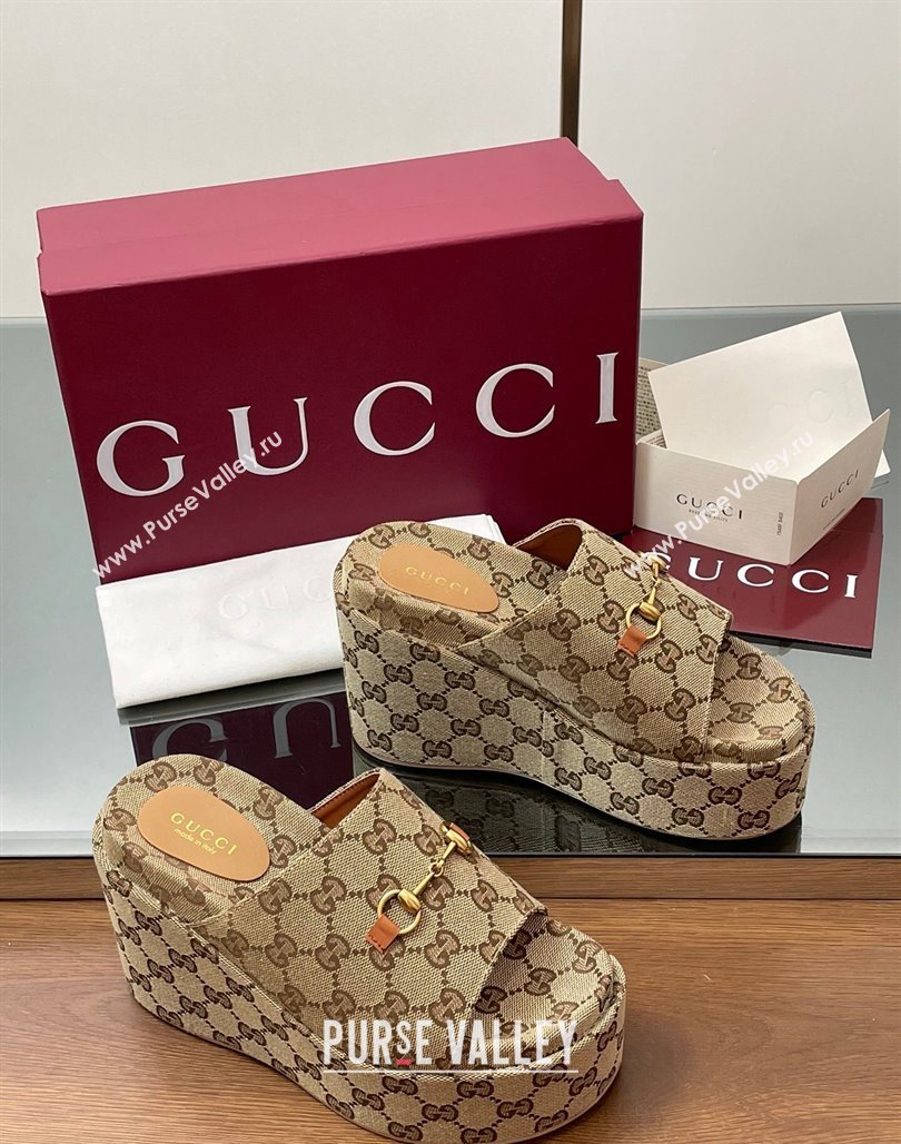 Gucci GG Canvas Wedge Slides Sandal 12cm with Horsebit Beige 2025 816328 (MD-250423085)