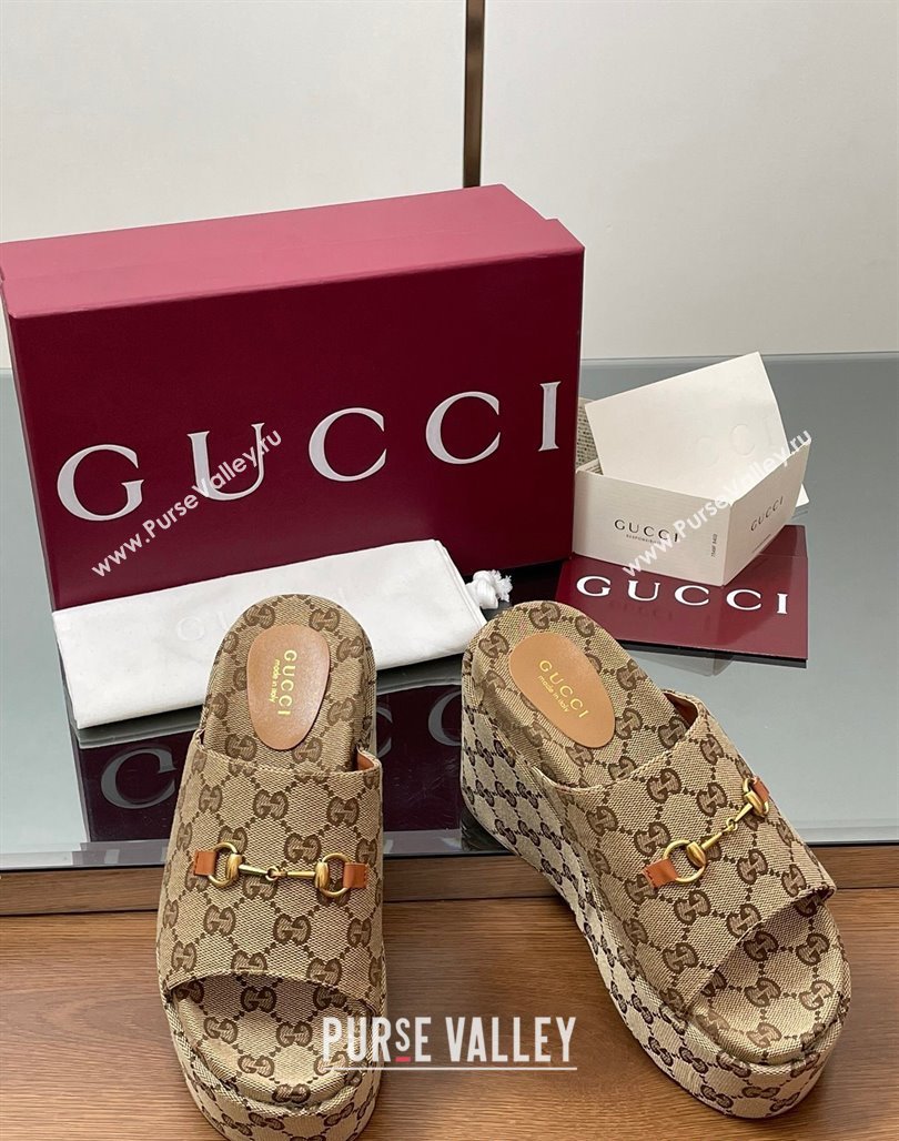 Gucci GG Canvas Wedge Slides Sandal 12cm with Horsebit Beige 2025 816328 (MD-250423085)
