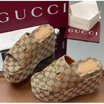 Gucci GG Canvas Wedge Slides Sandal 12cm with Horsebit Beige 2025 816328 (MD-250423085)