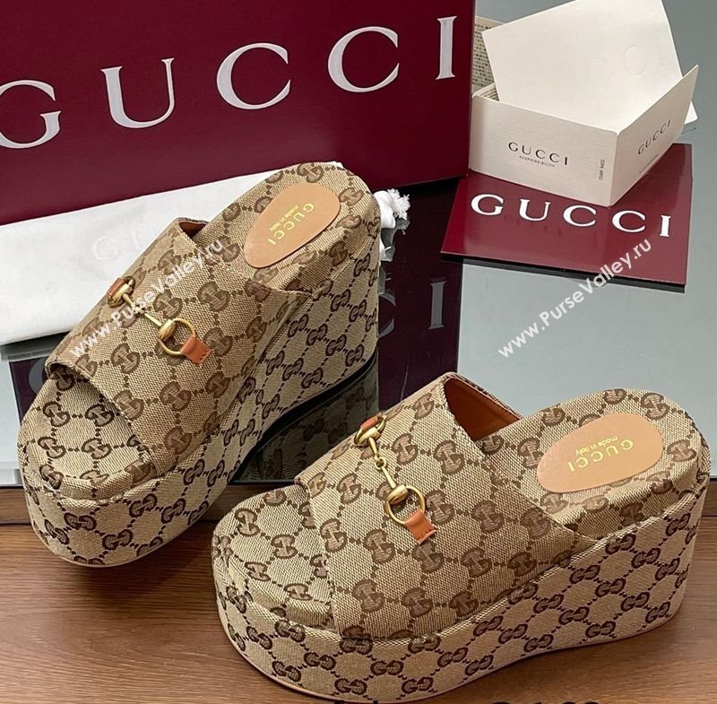 Gucci GG Canvas Wedge Slides Sandal 12cm with Horsebit Beige 2025 816328 (MD-250423085)