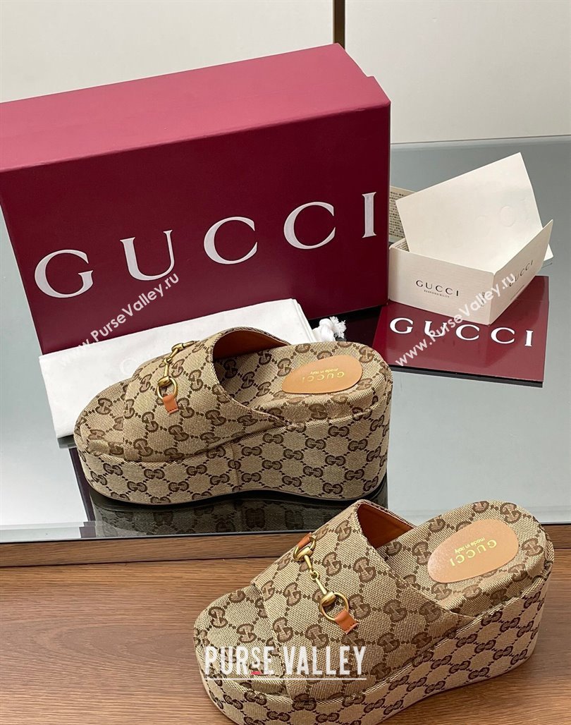 Gucci GG Canvas Wedge Slides Sandal 12cm with Horsebit Beige 2025 816328 (MD-250423085)