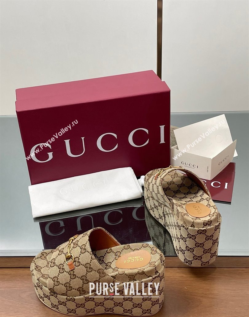 Gucci GG Canvas Wedge Slides Sandal 12cm with Horsebit Beige 2025 816328 (MD-250423085)