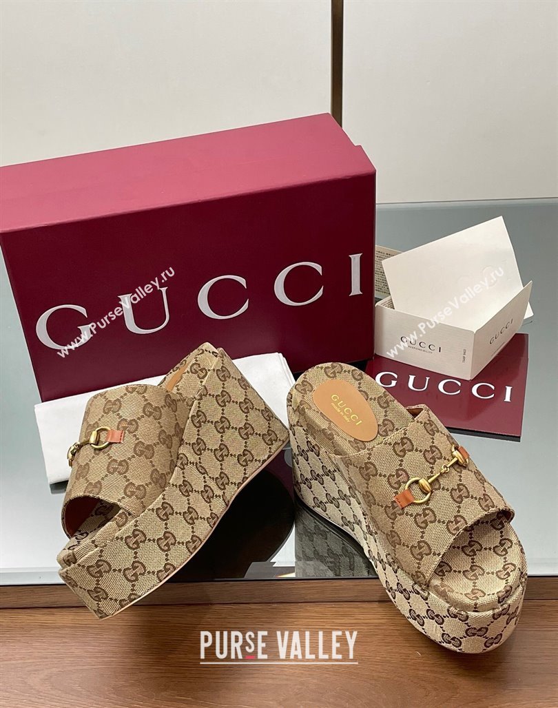 Gucci GG Canvas Wedge Slides Sandal 12cm with Horsebit Beige 2025 816328 (MD-250423085)
