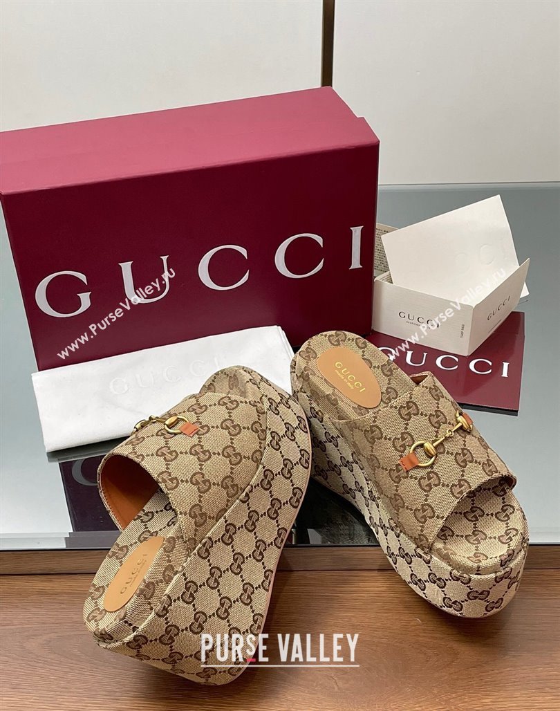 Gucci GG Canvas Wedge Slides Sandal 12cm with Horsebit Beige 2025 816328 (MD-250423085)