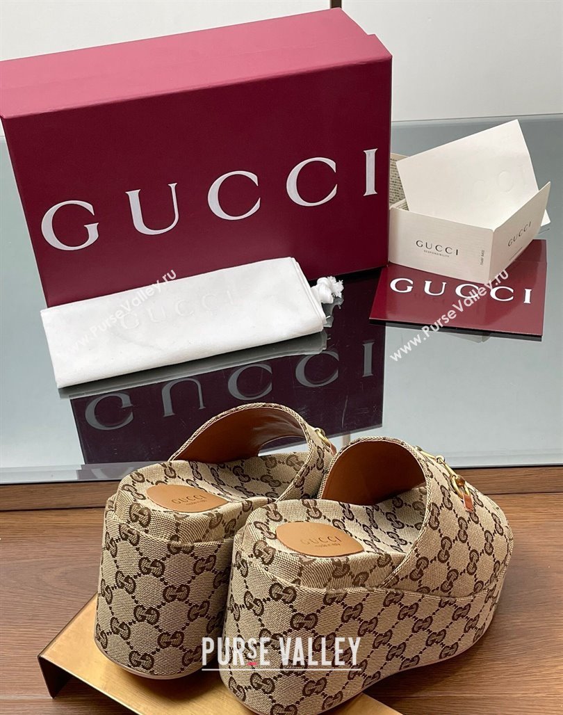 Gucci GG Canvas Wedge Slides Sandal 12cm with Horsebit Beige 2025 816328 (MD-250423085)