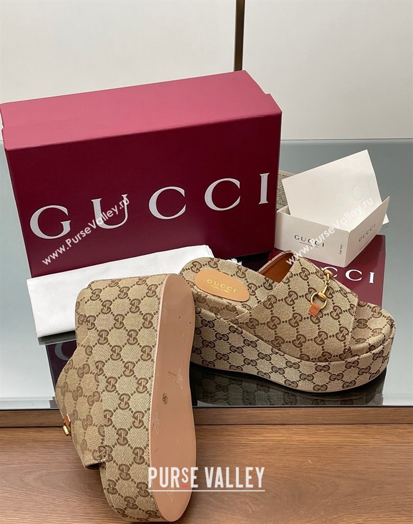 Gucci GG Canvas Wedge Slides Sandal 12cm with Horsebit Beige 2025 816328 (MD-250423085)