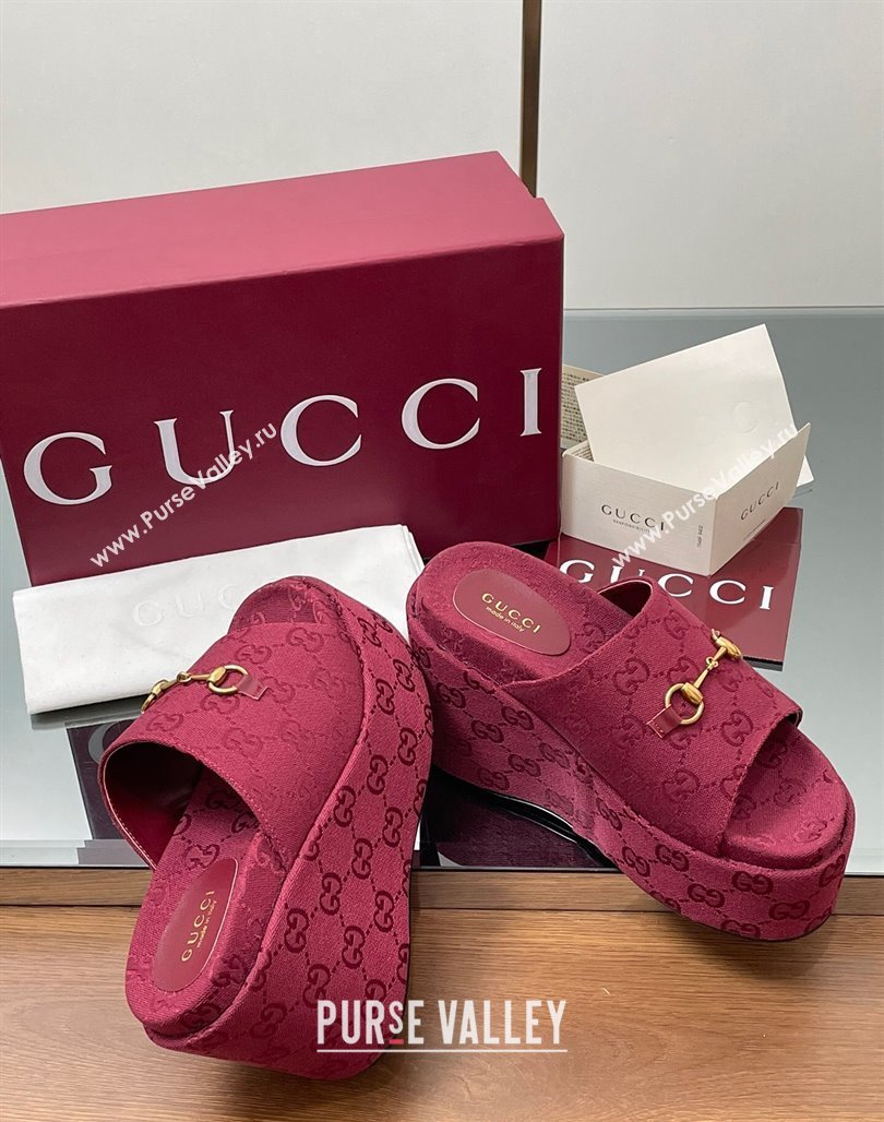 Gucci GG Canvas Wedge Slides Sandal 12cm with Horsebit Red 2025 816328 (MD-250423086)