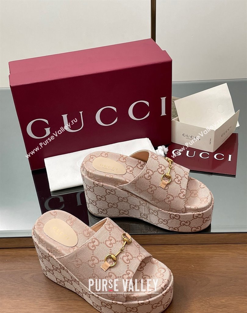 Gucci GG Canvas Wedge Slides Sandal 12cm with Horsebit Light Pink 2025 816328 (MD-250423087)