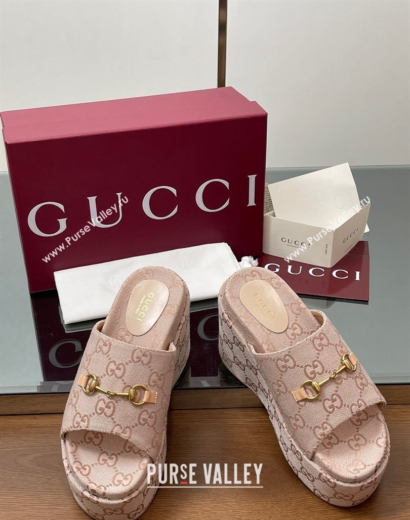 Gucci GG Canvas Wedge Slides Sandal 12cm with Horsebit Light Pink 2025 816328 (MD-250423087)