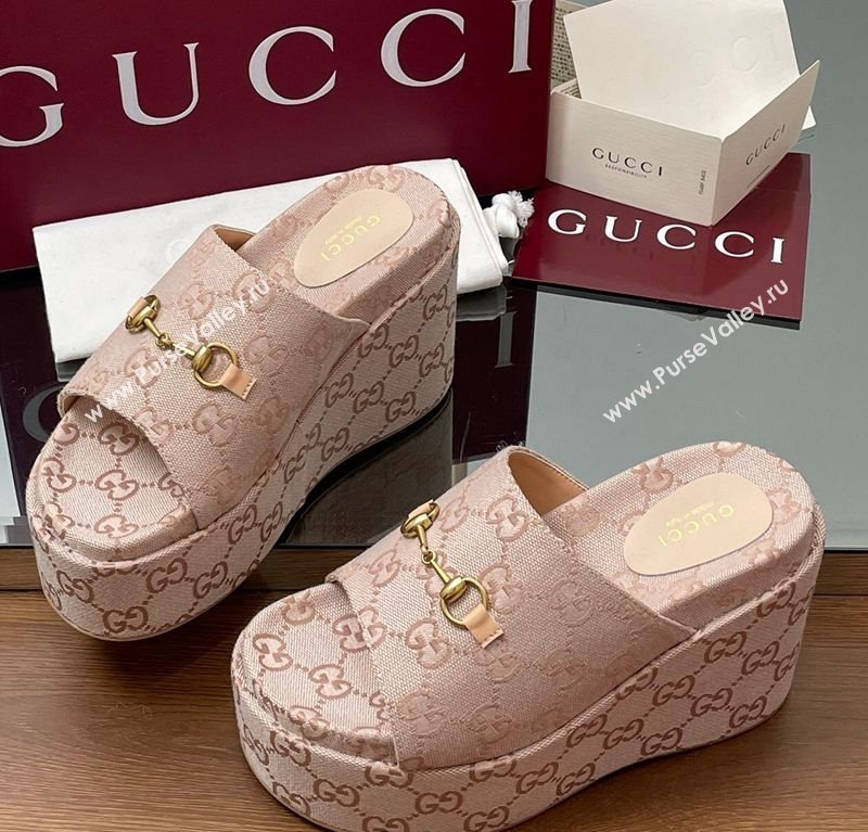 Gucci GG Canvas Wedge Slides Sandal 12cm with Horsebit Light Pink 2025 816328 (MD-250423087)
