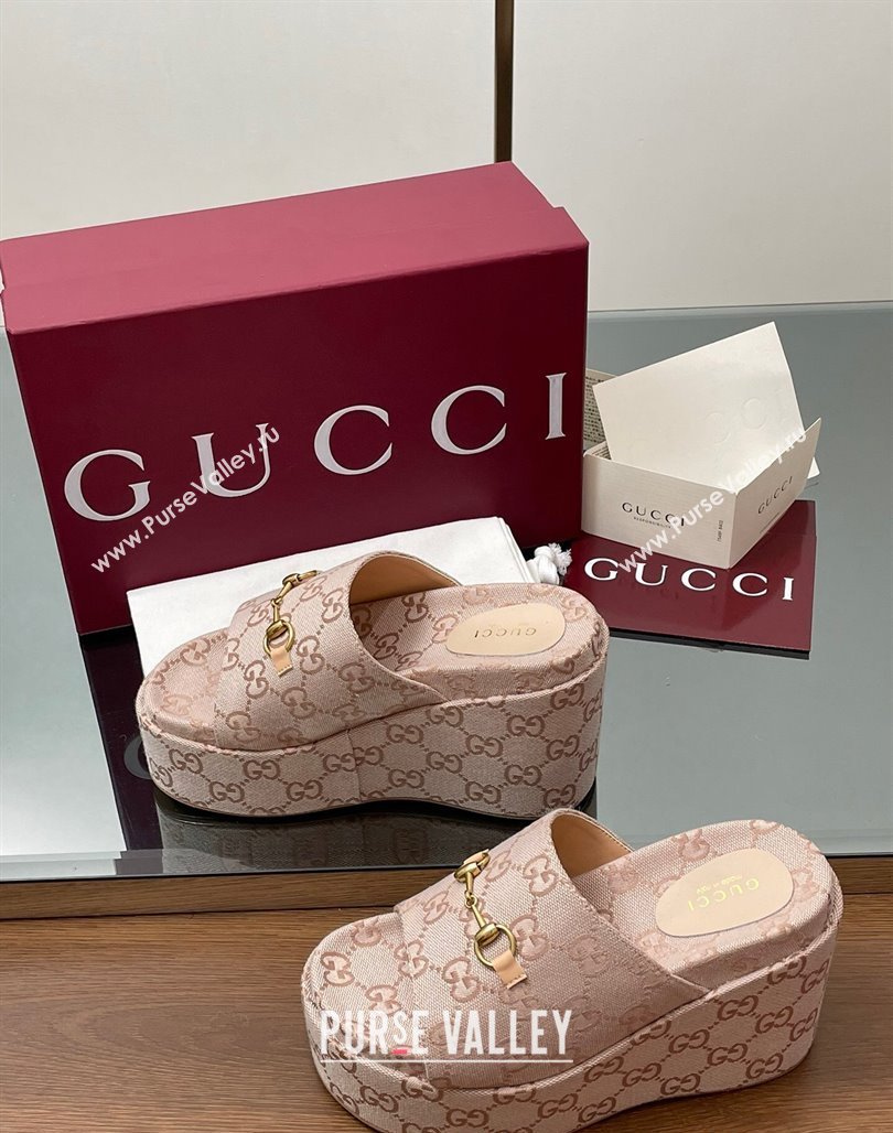 Gucci GG Canvas Wedge Slides Sandal 12cm with Horsebit Light Pink 2025 816328 (MD-250423087)