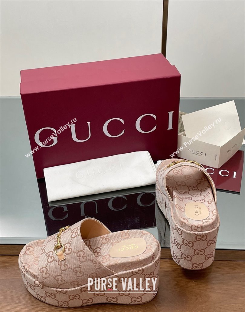 Gucci GG Canvas Wedge Slides Sandal 12cm with Horsebit Light Pink 2025 816328 (MD-250423087)
