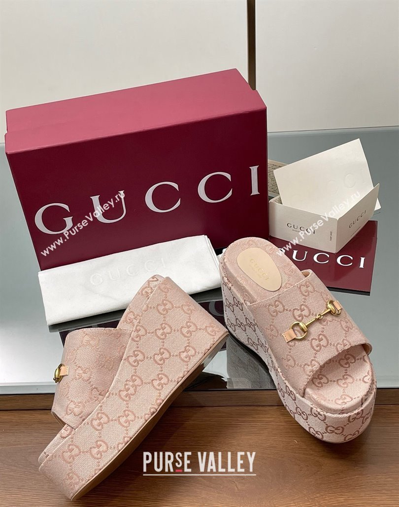 Gucci GG Canvas Wedge Slides Sandal 12cm with Horsebit Light Pink 2025 816328 (MD-250423087)