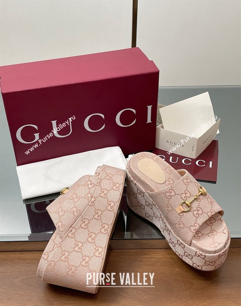 Gucci GG Canvas Wedge Slides Sandal 12cm with Horsebit Light Pink 2025 816328 (MD-250423087)