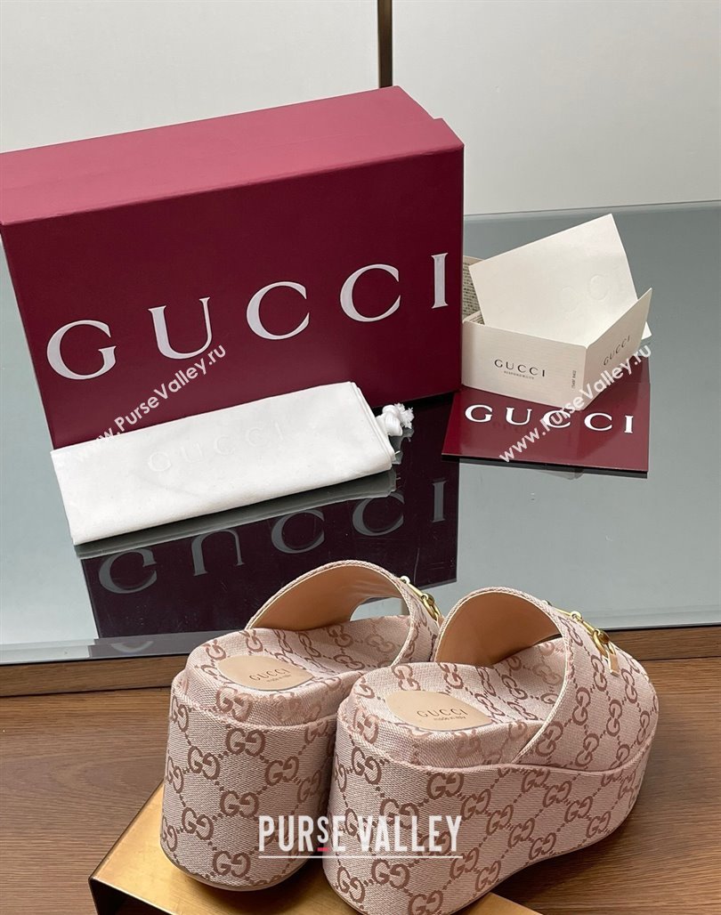 Gucci GG Canvas Wedge Slides Sandal 12cm with Horsebit Light Pink 2025 816328 (MD-250423087)