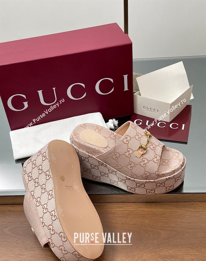 Gucci GG Canvas Wedge Slides Sandal 12cm with Horsebit Light Pink 2025 816328 (MD-250423087)