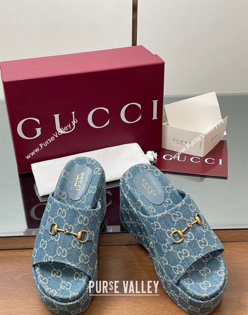 Gucci GG Denim Wedge Slides Sandal 12cm with Horsebit Blue 2025 816328 (MD-250423088)