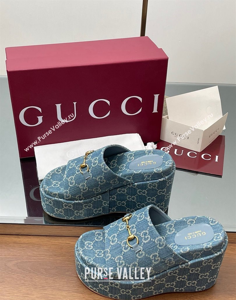 Gucci GG Denim Wedge Slides Sandal 12cm with Horsebit Blue 2025 816328 (MD-250423088)