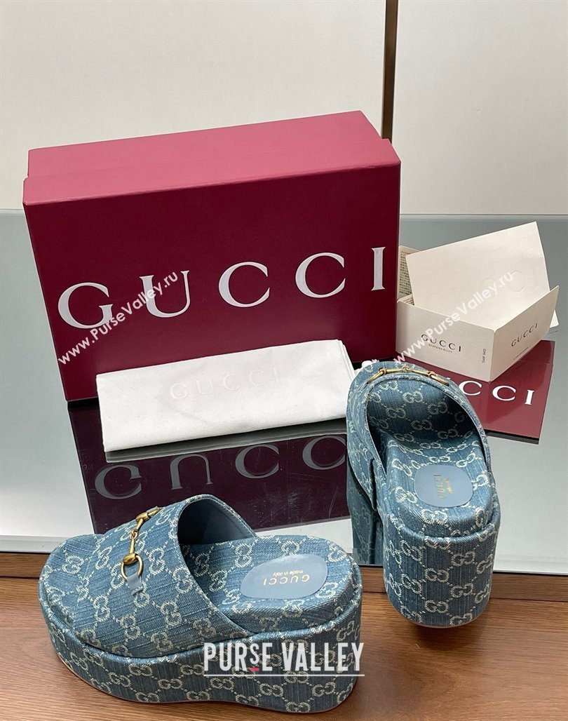Gucci GG Denim Wedge Slides Sandal 12cm with Horsebit Blue 2025 816328 (MD-250423088)
