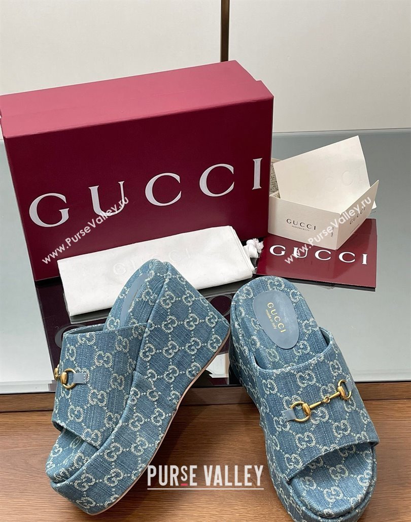 Gucci GG Denim Wedge Slides Sandal 12cm with Horsebit Blue 2025 816328 (MD-250423088)