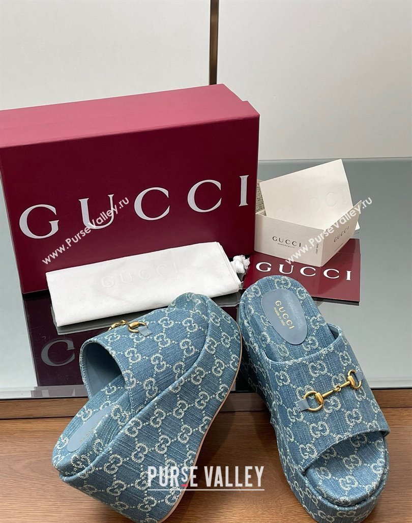 Gucci GG Denim Wedge Slides Sandal 12cm with Horsebit Blue 2025 816328 (MD-250423088)
