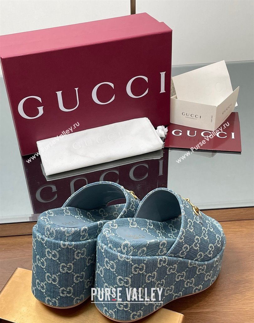 Gucci GG Denim Wedge Slides Sandal 12cm with Horsebit Blue 2025 816328 (MD-250423088)