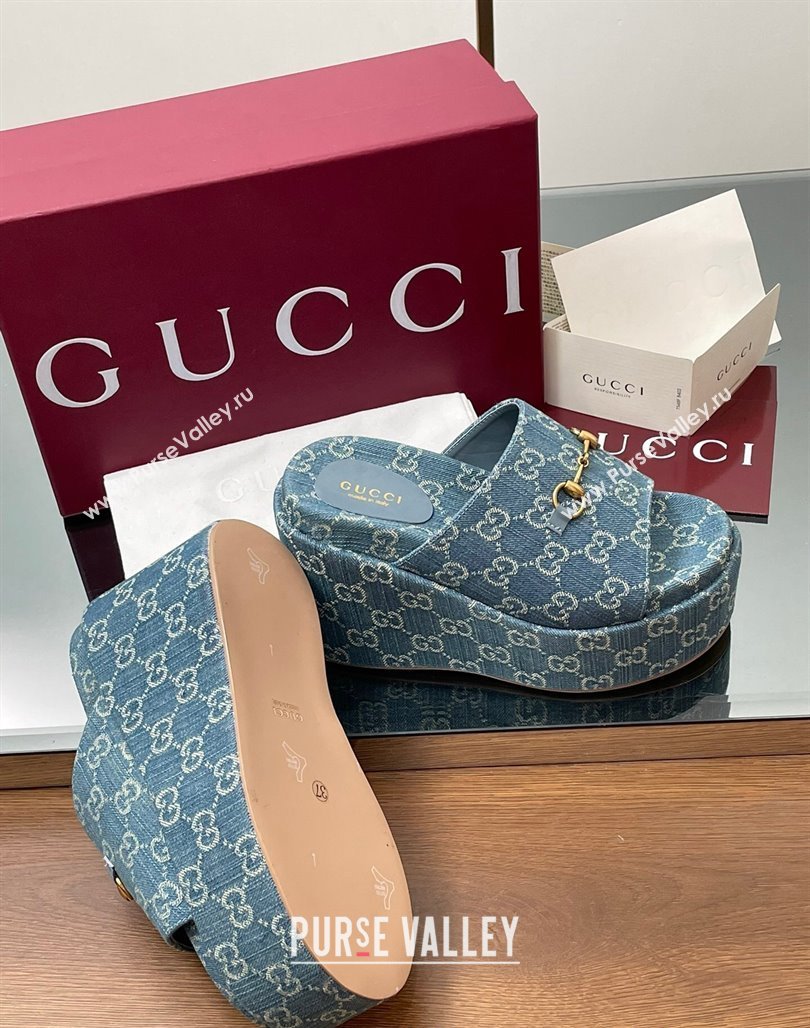 Gucci GG Denim Wedge Slides Sandal 12cm with Horsebit Blue 2025 816328 (MD-250423088)