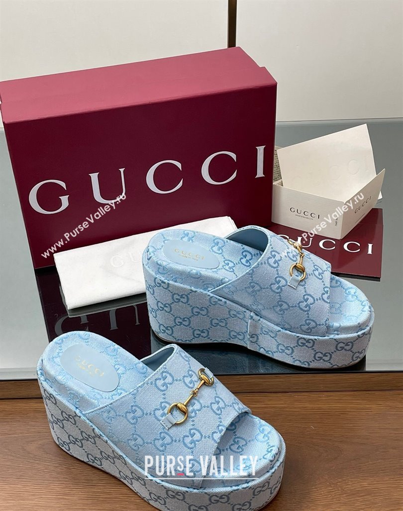 Gucci GG Canvas Wedge Slides Sandal 12cm with Horsebit Light Blue 2025 816328 (MD-250423089)