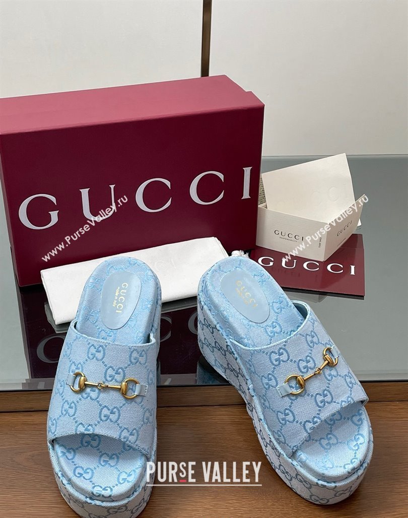 Gucci GG Canvas Wedge Slides Sandal 12cm with Horsebit Light Blue 2025 816328 (MD-250423089)