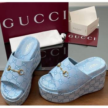 Gucci GG Canvas Wedge Slides Sandal 12cm with Horsebit Light Blue 2025 816328 (MD-250423089)