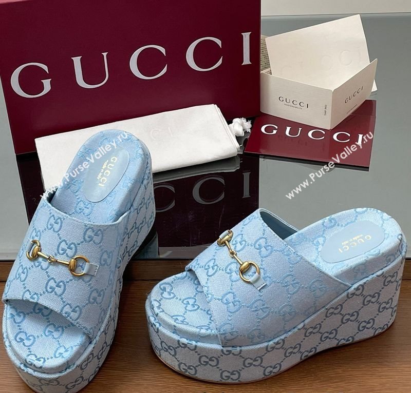 Gucci GG Canvas Wedge Slides Sandal 12cm with Horsebit Light Blue 2025 816328 (MD-250423089)