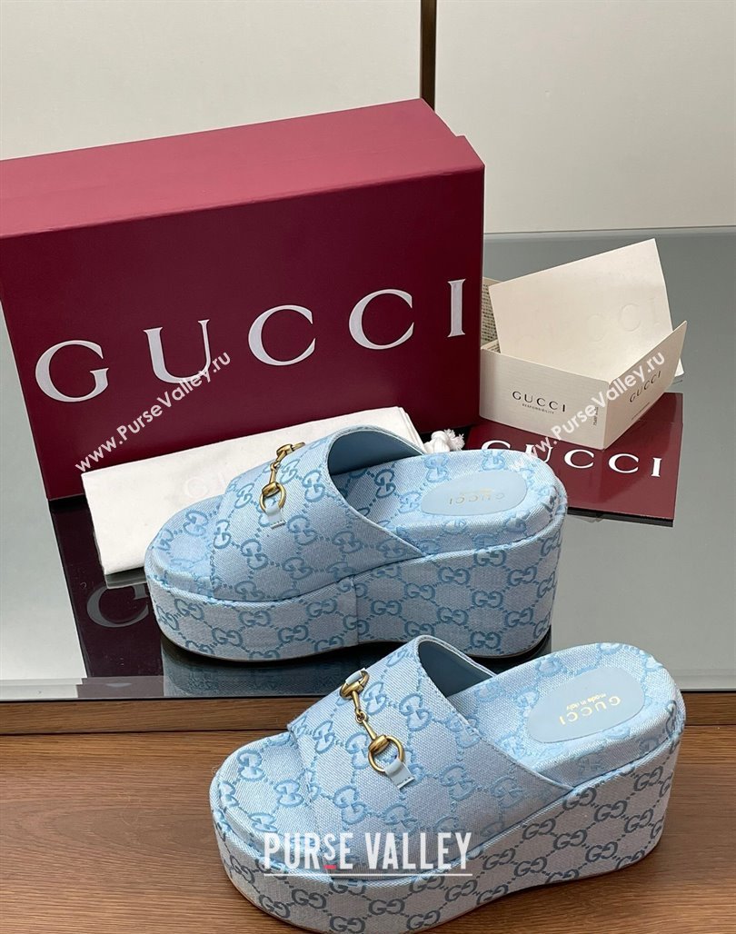Gucci GG Canvas Wedge Slides Sandal 12cm with Horsebit Light Blue 2025 816328 (MD-250423089)