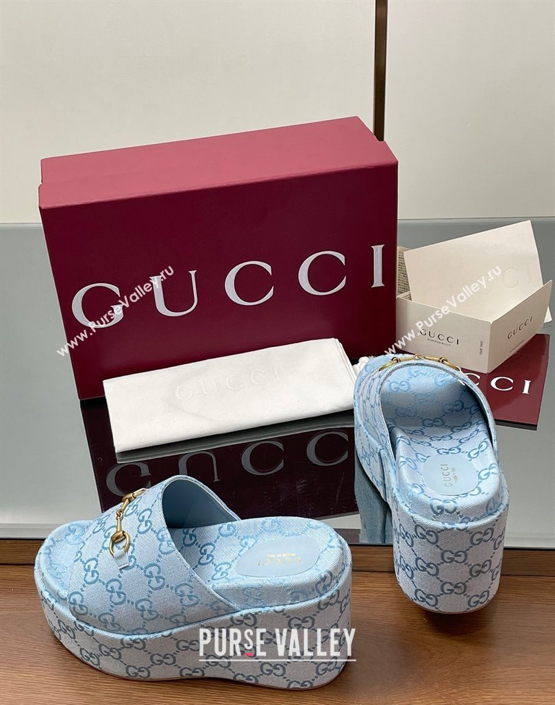 Gucci GG Canvas Wedge Slides Sandal 12cm with Horsebit Light Blue 2025 816328 (MD-250423089)
