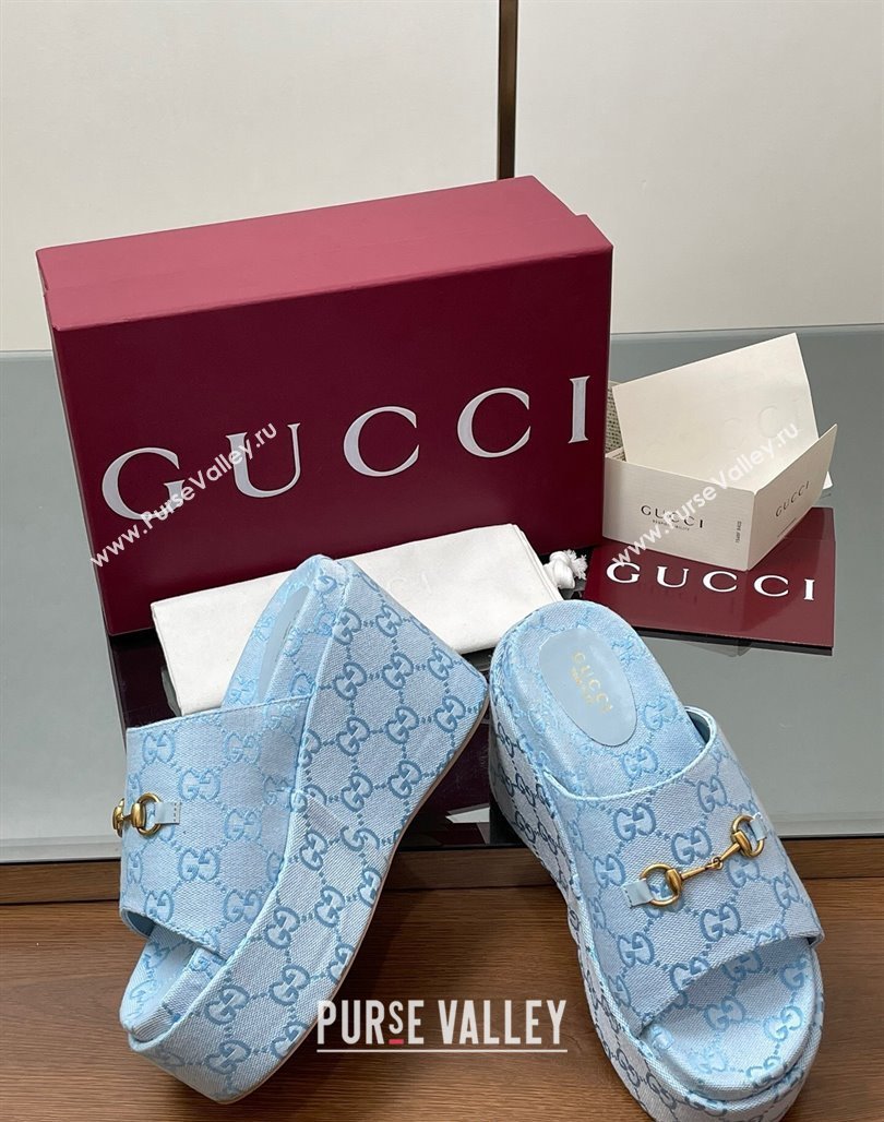 Gucci GG Canvas Wedge Slides Sandal 12cm with Horsebit Light Blue 2025 816328 (MD-250423089)