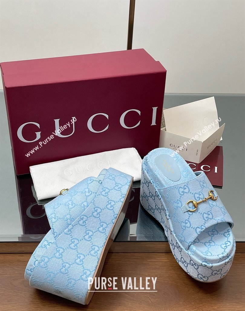 Gucci GG Canvas Wedge Slides Sandal 12cm with Horsebit Light Blue 2025 816328 (MD-250423089)