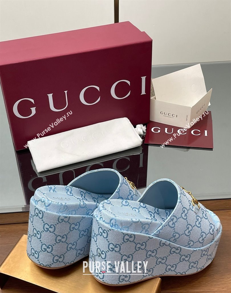 Gucci GG Canvas Wedge Slides Sandal 12cm with Horsebit Light Blue 2025 816328 (MD-250423089)