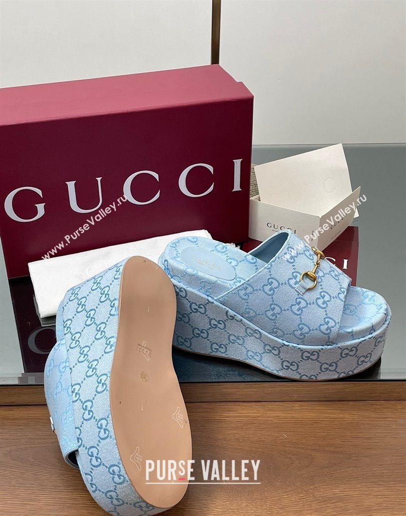 Gucci GG Canvas Wedge Slides Sandal 12cm with Horsebit Light Blue 2025 816328 (MD-250423089)