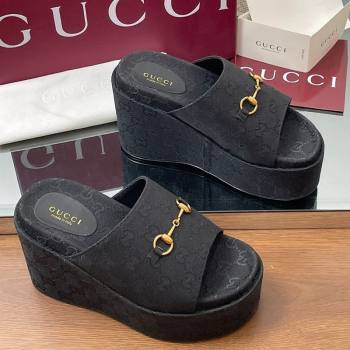 Gucci GG Canvas Wedge Slides Sandal 12cm with Horsebit Black 2025 816328 (MD-250423090)