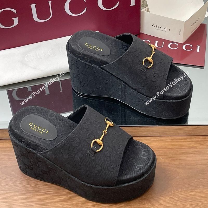 Gucci GG Canvas Wedge Slides Sandal 12cm with Horsebit Black 2025 816328 (MD-250423090)
