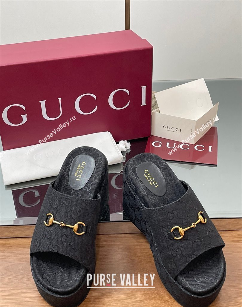 Gucci GG Canvas Wedge Slides Sandal 12cm with Horsebit Black 2025 816328 (MD-250423090)
