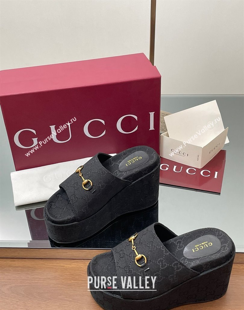 Gucci GG Canvas Wedge Slides Sandal 12cm with Horsebit Black 2025 816328 (MD-250423090)