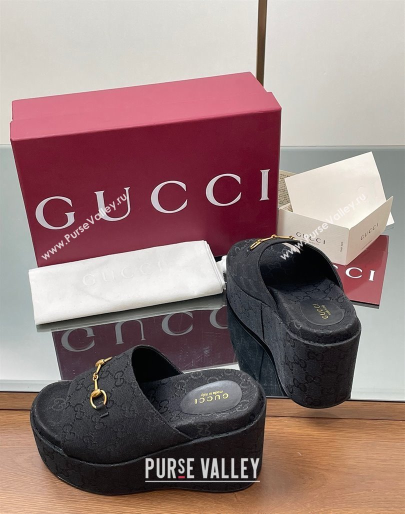 Gucci GG Canvas Wedge Slides Sandal 12cm with Horsebit Black 2025 816328 (MD-250423090)